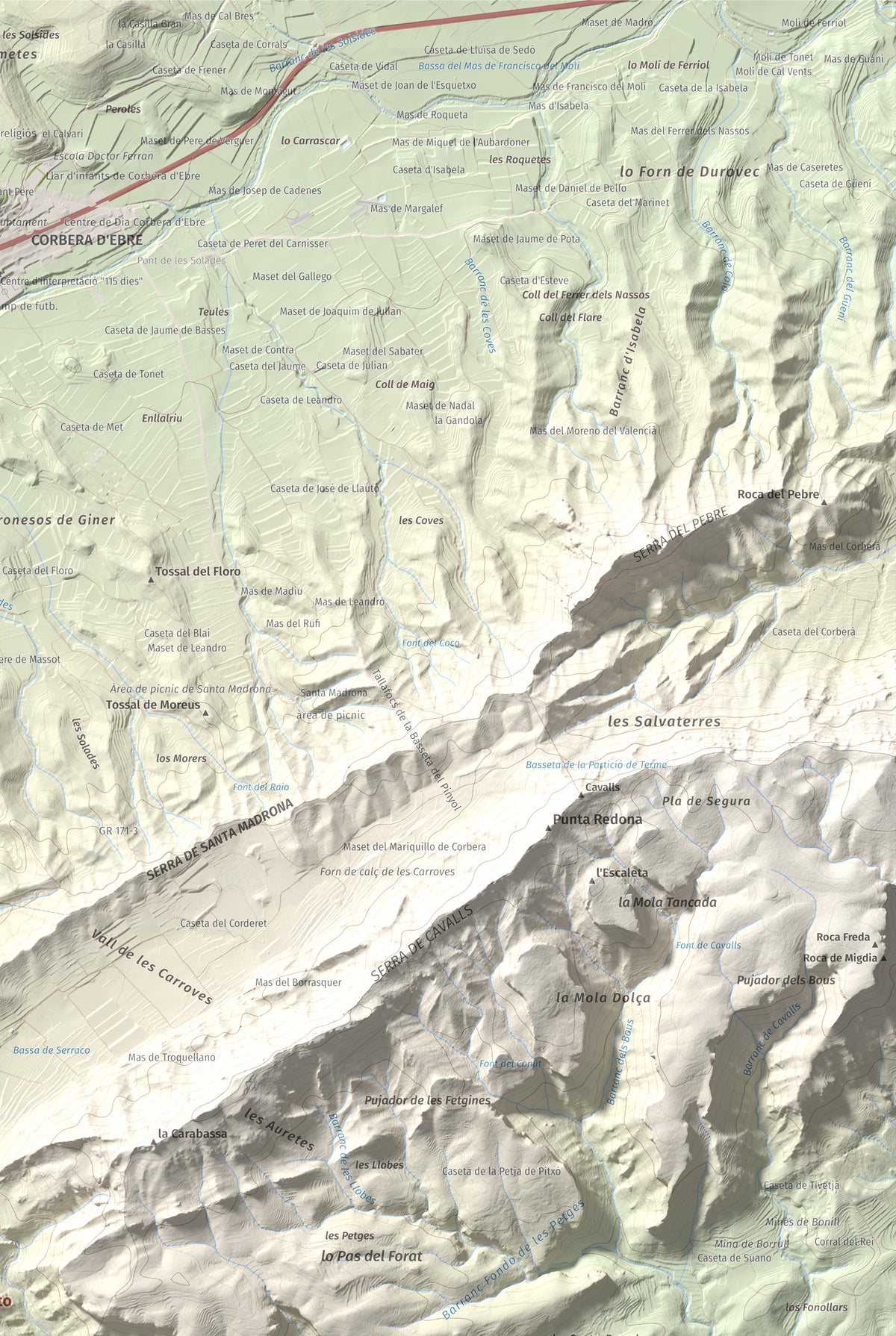 Mapa topográfico del relieve: Mola d'Irto, 538 m. Detalle de la zona superior derecha. 61 × 91 cm.