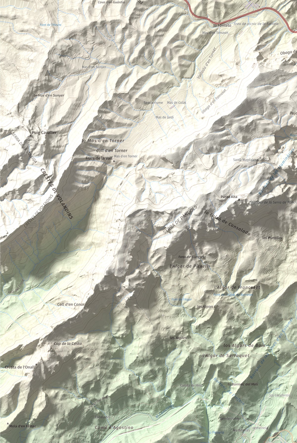 Mapa topográfico del relieve: Mola d'Irto, 538 m. Detalle de la zona inferior izquierda. 61 × 91 cm.
