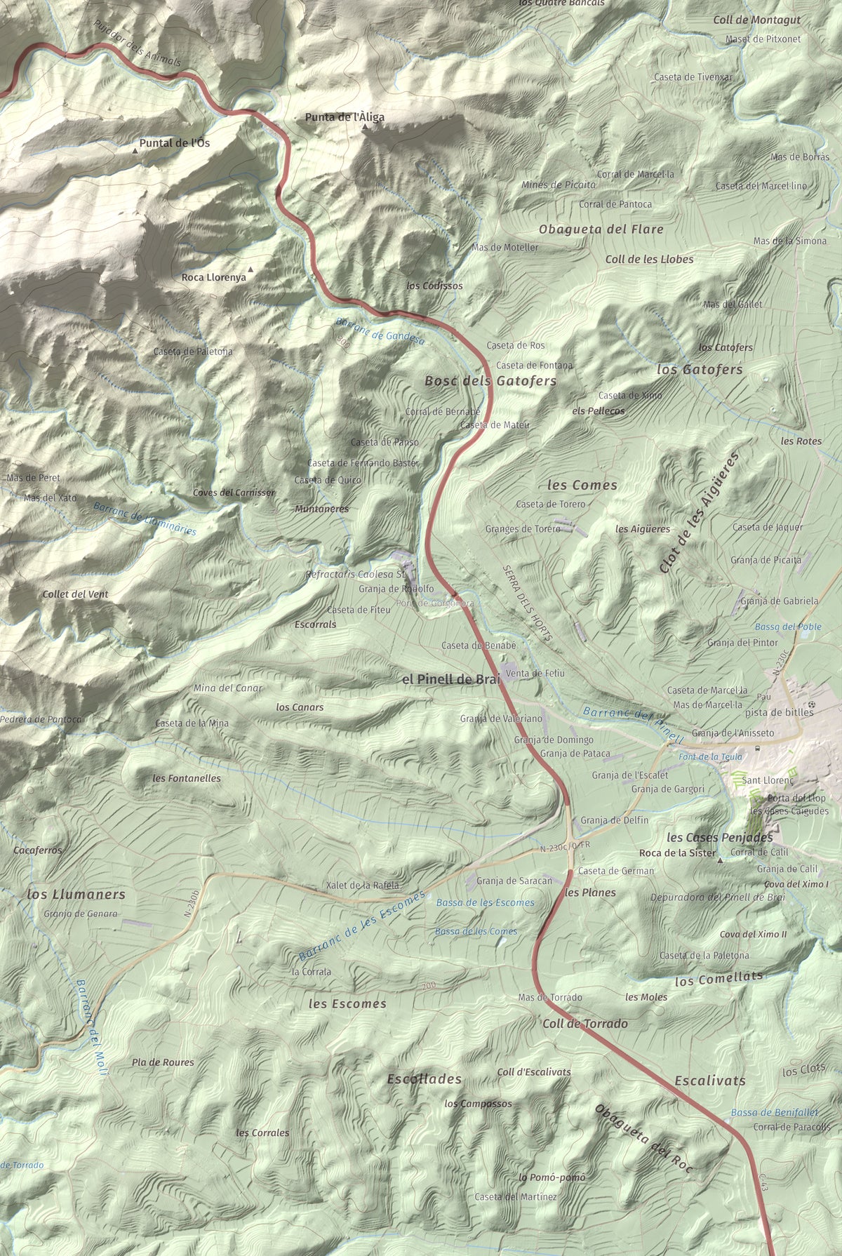 Mapa topográfico del relieve: Mola d'Irto, 538 m. Detalle de la zona inferior derecha. 61 × 91 cm.