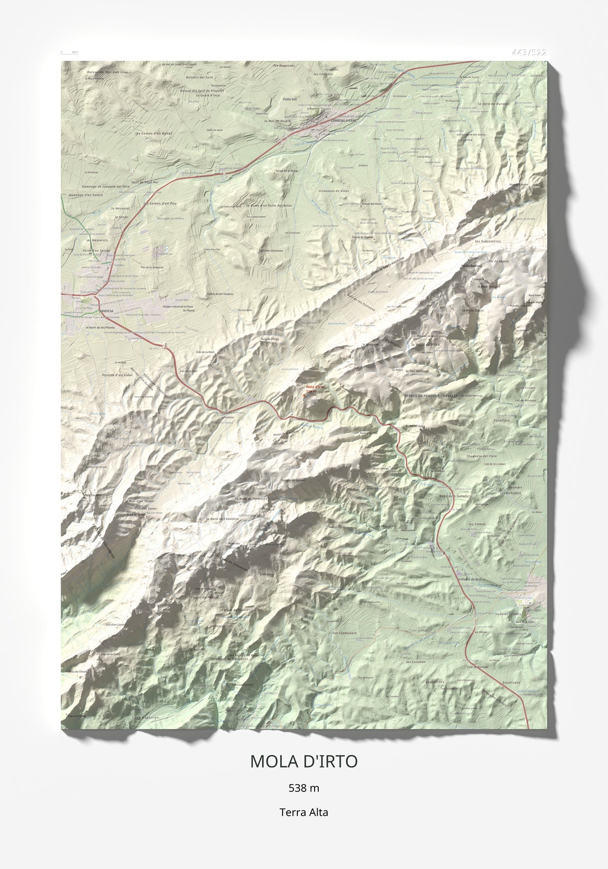 Mapa topográfico del relieve: Mola d'Irto, 538 m. Lámina completa. 70 × 100 cm.