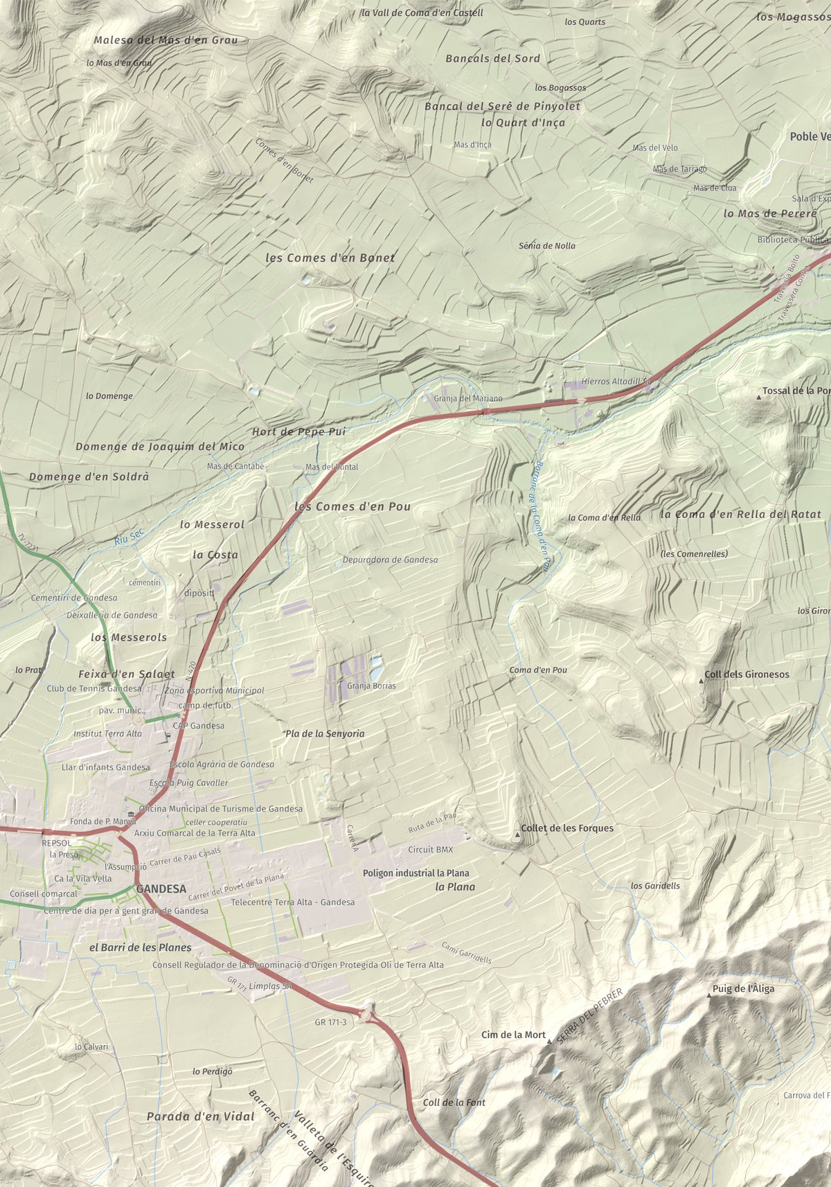 Mapa topográfico del relieve: Mola d'Irto, 538 m. Detalle de la zona superior izquierda. 70 × 100 cm.