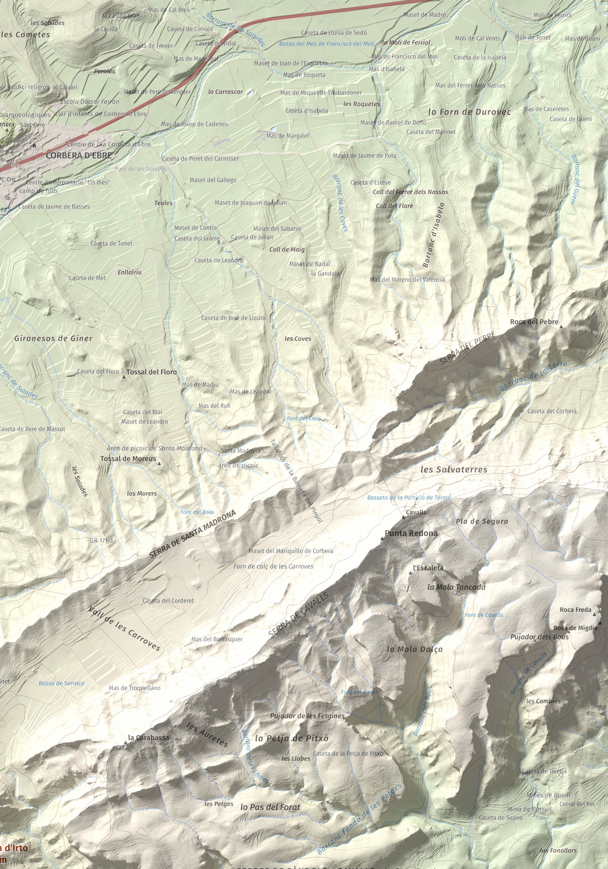 Mapa topográfico del relieve: Mola d'Irto, 538 m. Detalle de la zona superior derecha. 70 × 100 cm.