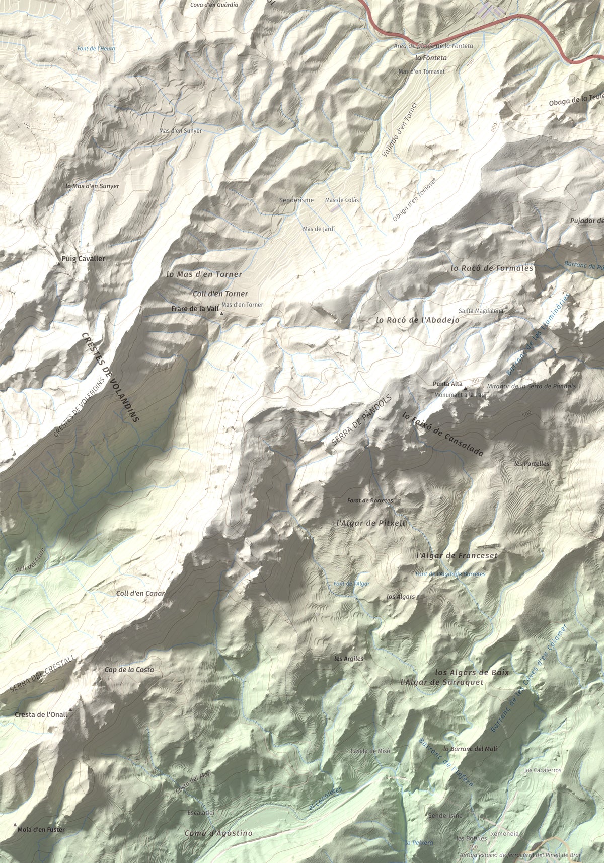 Mapa topográfico del relieve: Mola d'Irto, 538 m. Detalle de la zona inferior izquierda. 70 × 100 cm.