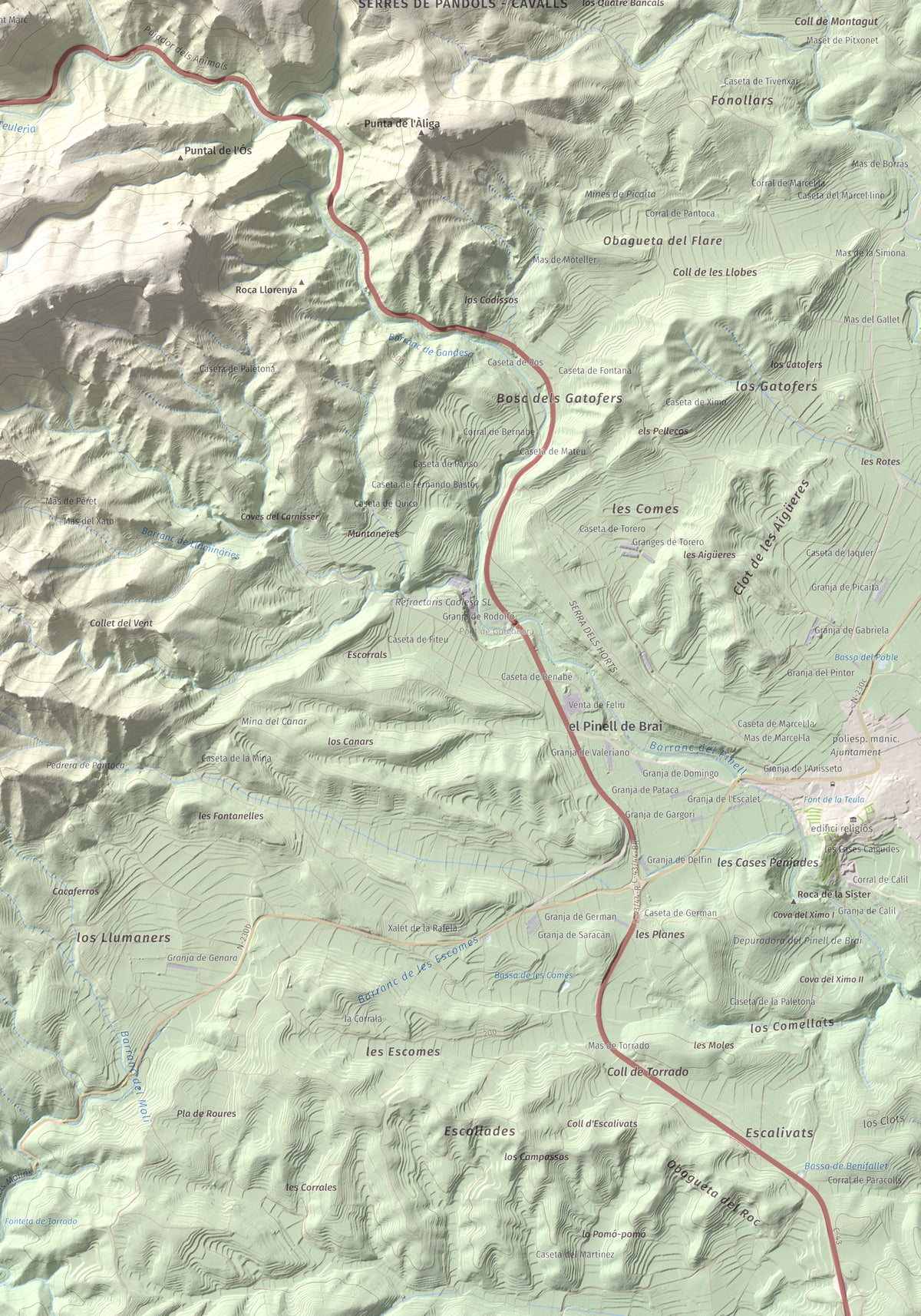 Mapa topográfico del relieve: Mola d'Irto, 538 m. Detalle de la zona inferior derecha. 70 × 100 cm.