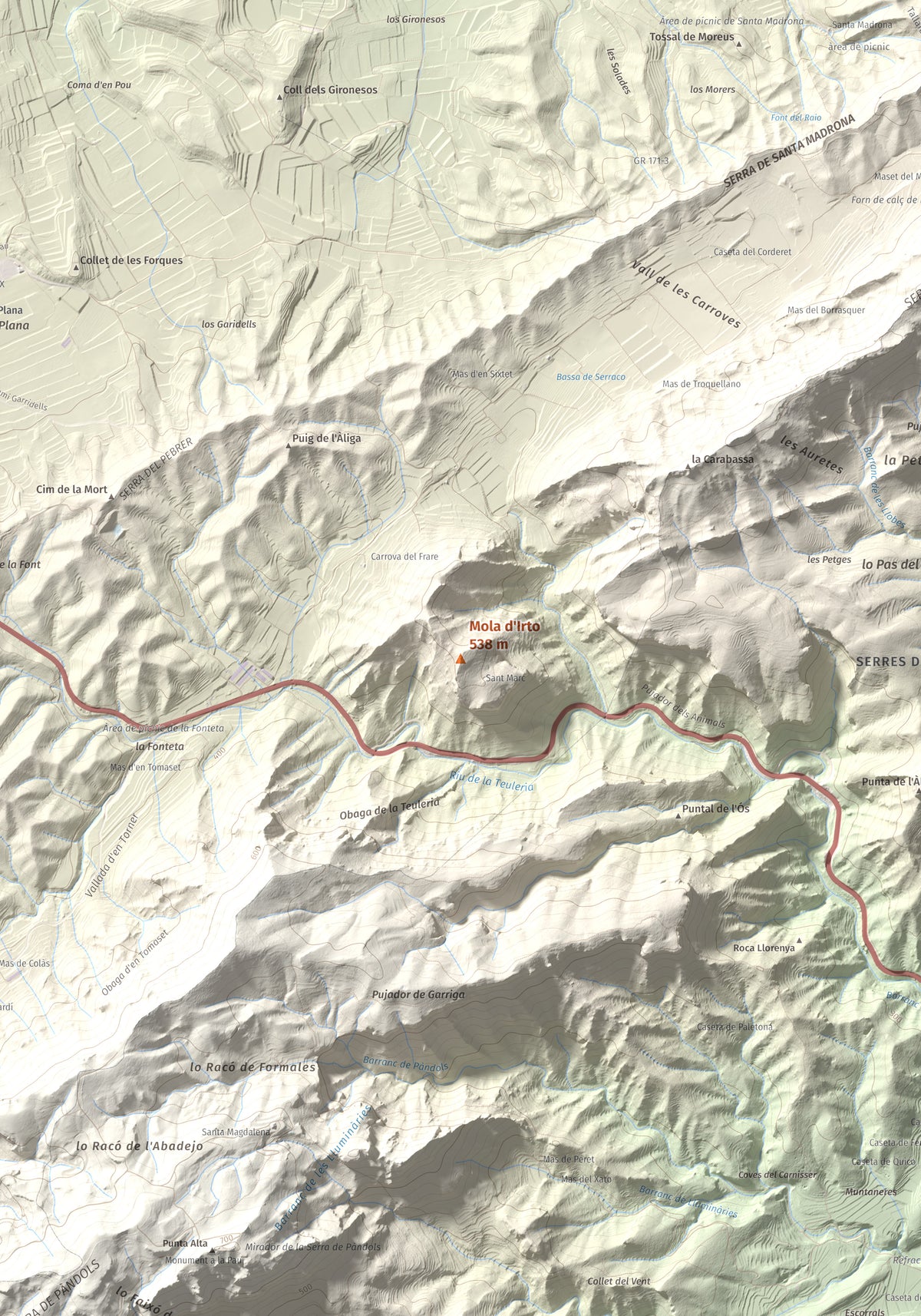 Mapa topográfico del relieve: Mola d'Irto, 538 m. Detalle de la zona central. 70 × 100 cm.