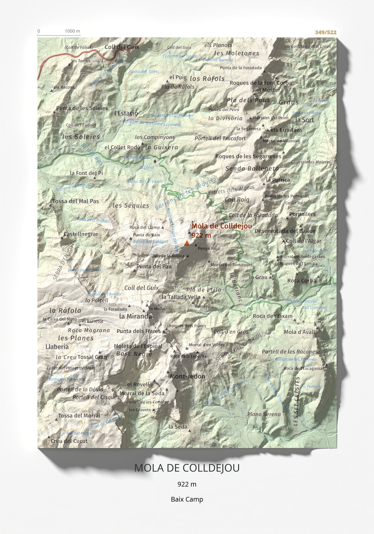 Mapa de relieve de Mola de Colldejou, 922 m, Baix Camp, lámina 100 Cims de Trobart 21 × 30 cm.