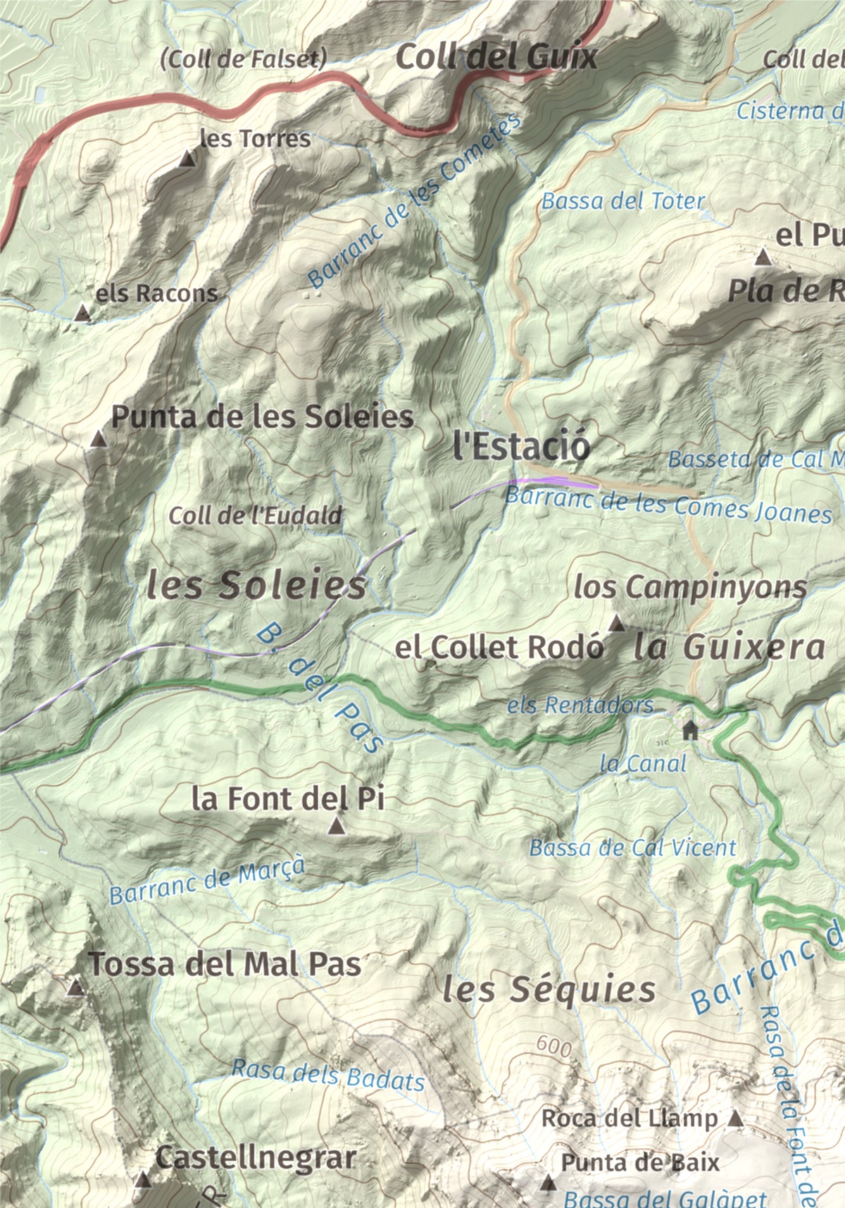 Mapa de relieve de Mola de Colldejou, 922 m, Baix Camp, lámina 100 Cims de Trobart. Detalle de la zona superior izquierda. 21 × 30 cm.