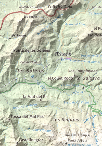 Mapa de relieve de Mola de Colldejou, 922 m, Baix Camp, lámina 100 Cims de Trobart. Detalle de la zona superior izquierda. 21 × 30 cm.