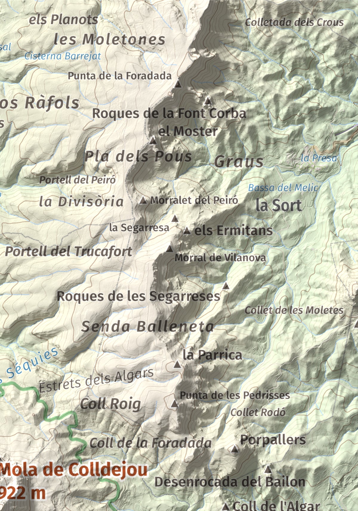 Mapa de relieve de Mola de Colldejou, 922 m, Baix Camp, lámina 100 Cims de Trobart. Detalle de la zona superior derecha. 21 × 30 cm.