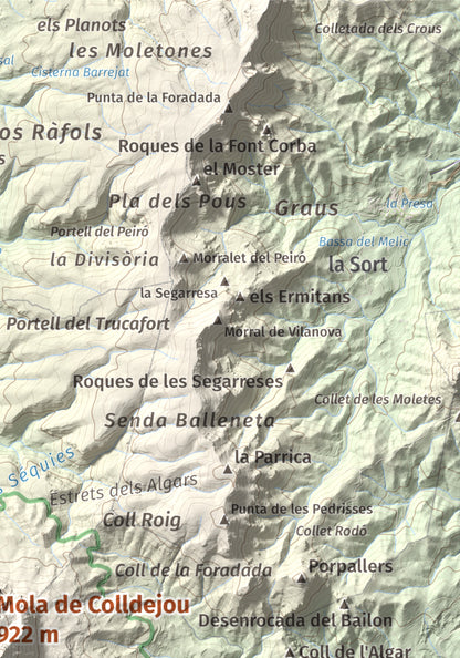 Mapa de relieve de Mola de Colldejou, 922 m, Baix Camp, lámina 100 Cims de Trobart. Detalle de la zona superior derecha. 21 × 30 cm.