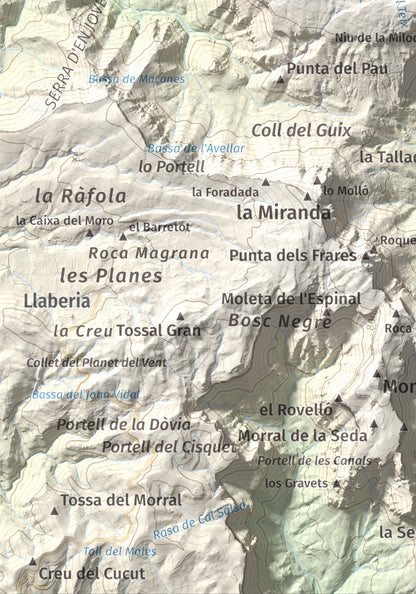 Mapa de relieve de Mola de Colldejou, 922 m, Baix Camp, lámina 100 Cims de Trobart. Detalle de la zona inferior izquierda. 21 × 30 cm.