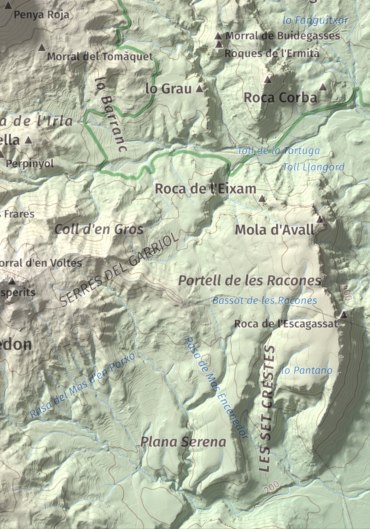 Mapa de relieve de Mola de Colldejou, 922 m, Baix Camp, lámina 100 Cims de Trobart. Detalle de la zona inferior derecha. 21 × 30 cm.