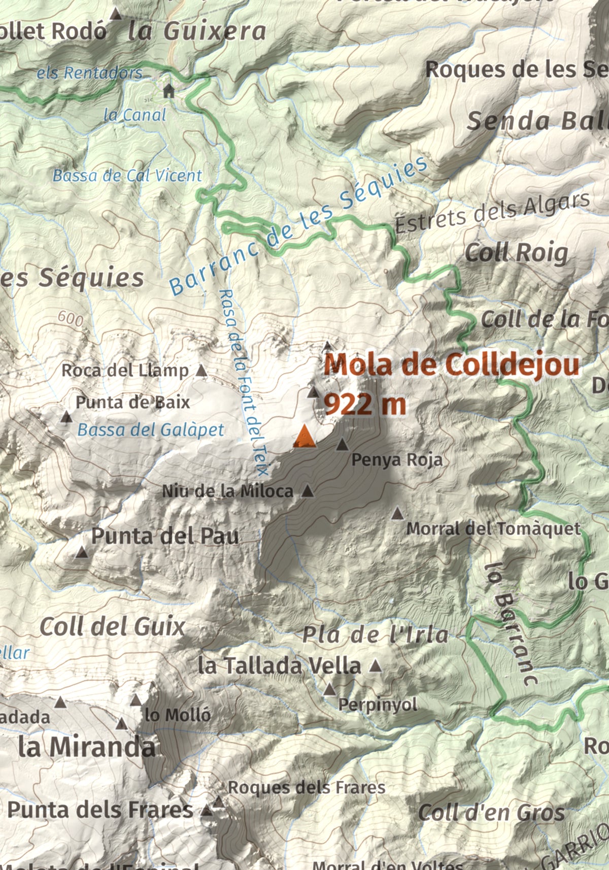 Mapa de relieve de Mola de Colldejou, 922 m, Baix Camp, lámina 100 Cims de Trobart. Detalle de la zona central. 21 × 30 cm.