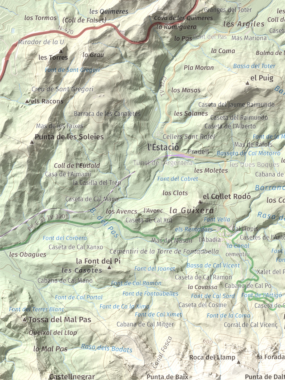 Mapa de relieve de Mola de Colldejou, 922 m, Baix Camp, lámina 100 Cims de Trobart. Detalle de la zona superior izquierda. 30 × 40 cm.