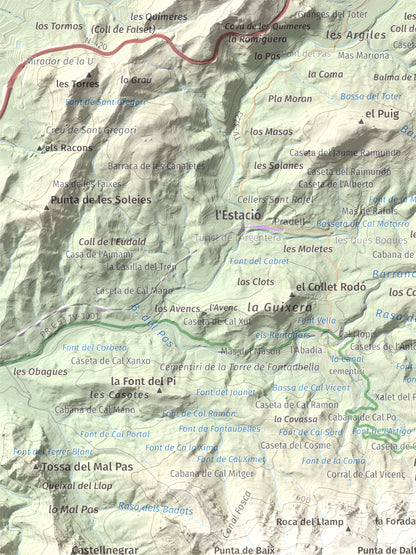 Mapa de relieve de Mola de Colldejou, 922 m, Baix Camp, lámina 100 Cims de Trobart. Detalle de la zona superior izquierda. 30 × 40 cm.