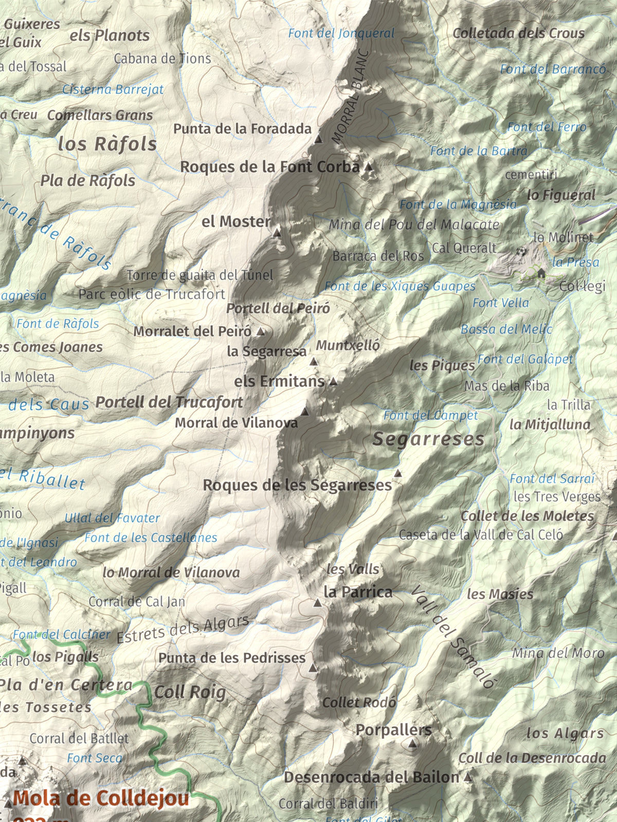 Mapa de relieve de Mola de Colldejou, 922 m, Baix Camp, lámina 100 Cims de Trobart. Detalle de la zona superior derecha. 30 × 40 cm.
