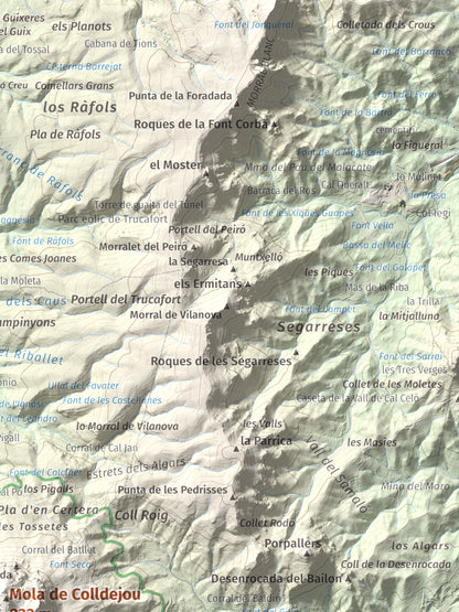 Mapa de relieve de Mola de Colldejou, 922 m, Baix Camp, lámina 100 Cims de Trobart. Detalle de la zona superior derecha. 30 × 40 cm.