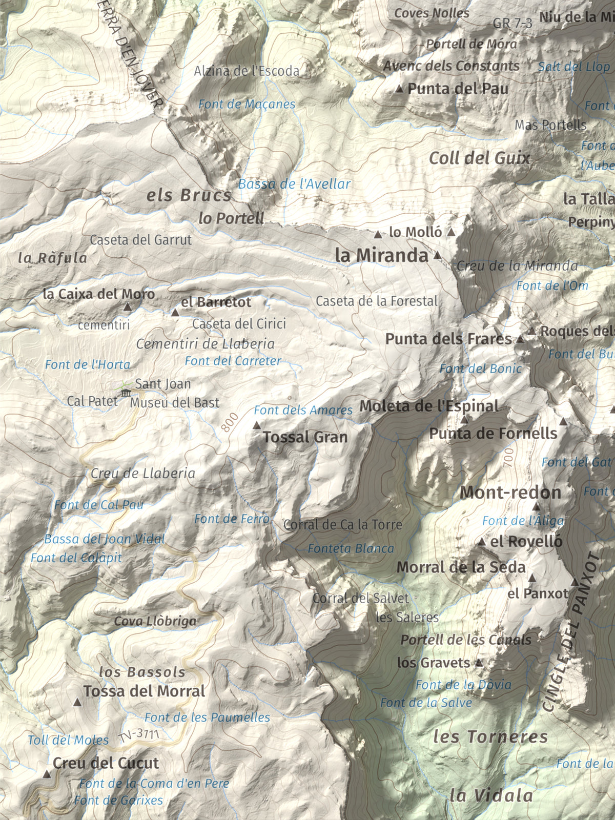 Mapa de relieve de Mola de Colldejou, 922 m, Baix Camp, lámina 100 Cims de Trobart. Detalle de la zona inferior izquierda. 30 × 40 cm.