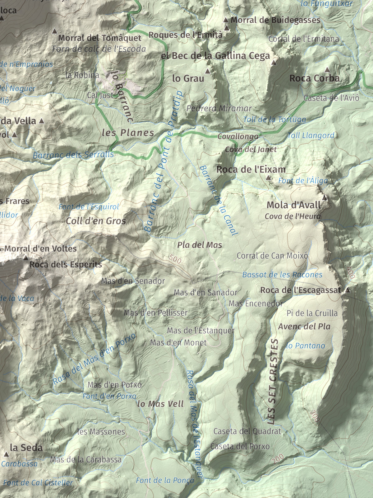 Mapa de relieve de Mola de Colldejou, 922 m, Baix Camp, lámina 100 Cims de Trobart. Detalle de la zona inferior derecha. 30 × 40 cm.