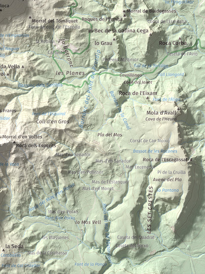 Mapa de relieve de Mola de Colldejou, 922 m, Baix Camp, lámina 100 Cims de Trobart. Detalle de la zona inferior derecha. 30 × 40 cm.