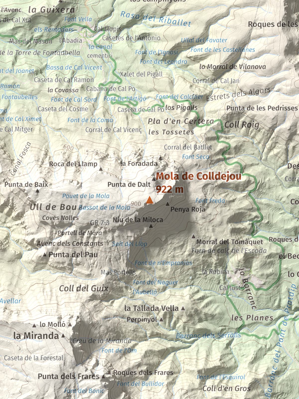 Mapa de relieve de Mola de Colldejou, 922 m, Baix Camp, lámina 100 Cims de Trobart. Detalle de la zona central. 30 × 40 cm.