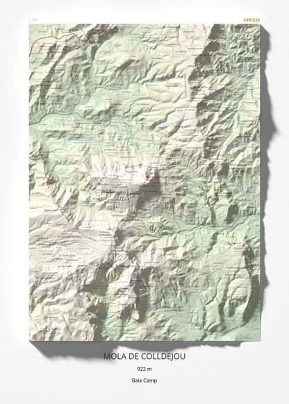 Mapa de relieve de Mola de Colldejou, 922 m, Baix Camp, lámina 100 Cims de Trobart 50 × 70 cm.