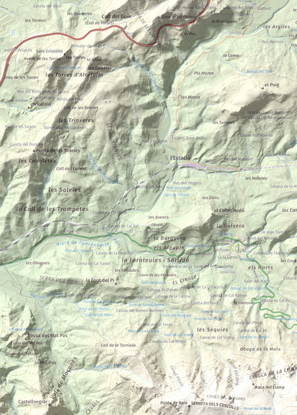 Mapa de relieve de Mola de Colldejou, 922 m, Baix Camp, lámina 100 Cims de Trobart. Detalle de la zona superior izquierda. 50 × 70 cm.