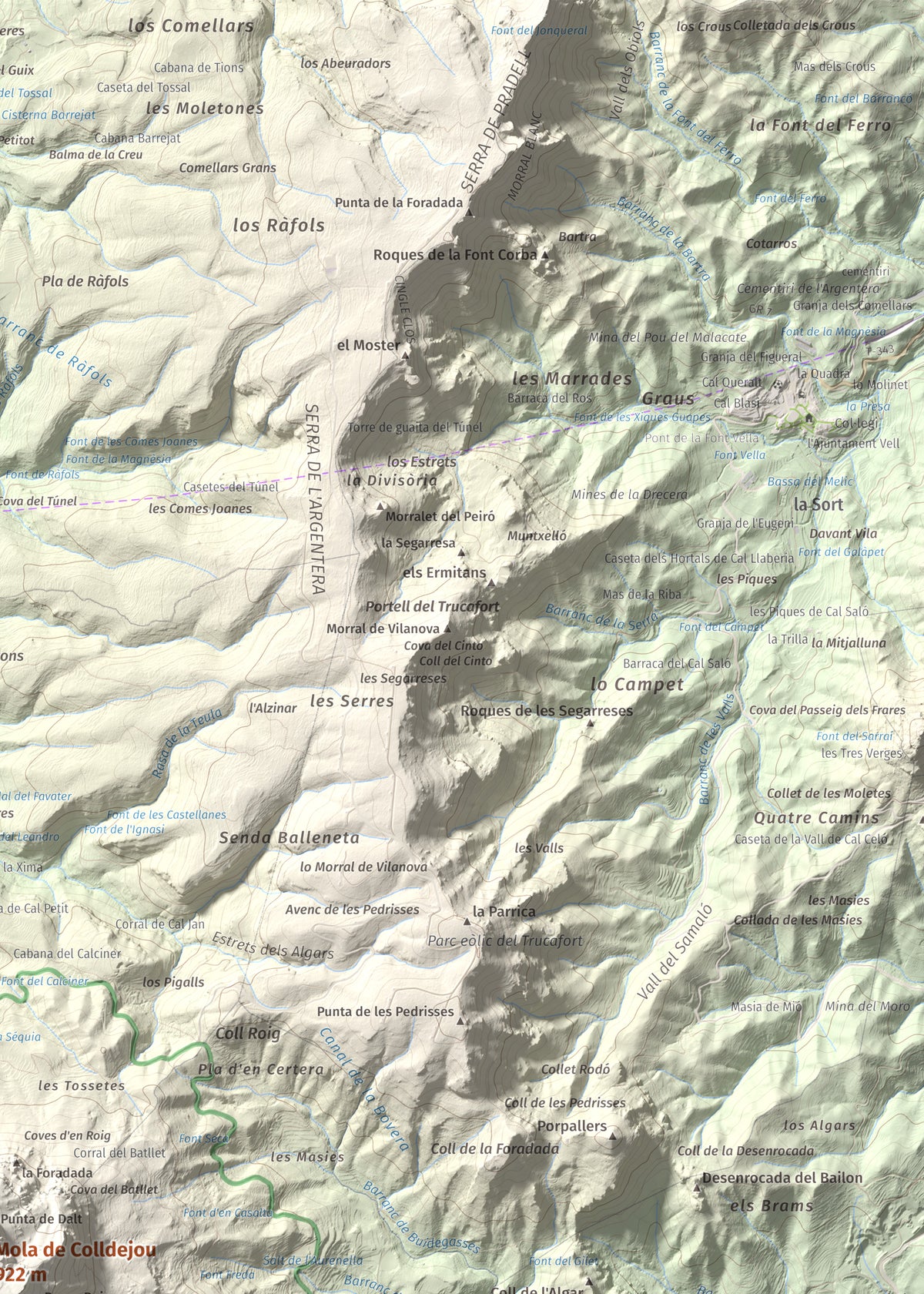 Mapa de relieve de Mola de Colldejou, 922 m, Baix Camp, lámina 100 Cims de Trobart. Detalle de la zona superior derecha. 50 × 70 cm.