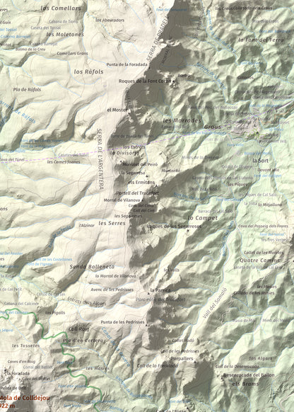Mapa de relieve de Mola de Colldejou, 922 m, Baix Camp, lámina 100 Cims de Trobart. Detalle de la zona superior derecha. 50 × 70 cm.