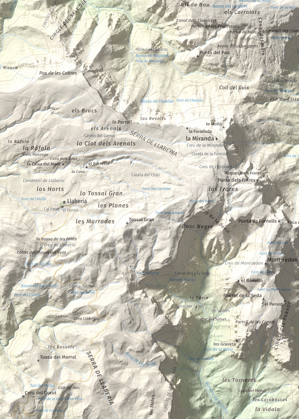 Mapa de relieve de Mola de Colldejou, 922 m, Baix Camp, lámina 100 Cims de Trobart. Detalle de la zona inferior izquierda. 50 × 70 cm.