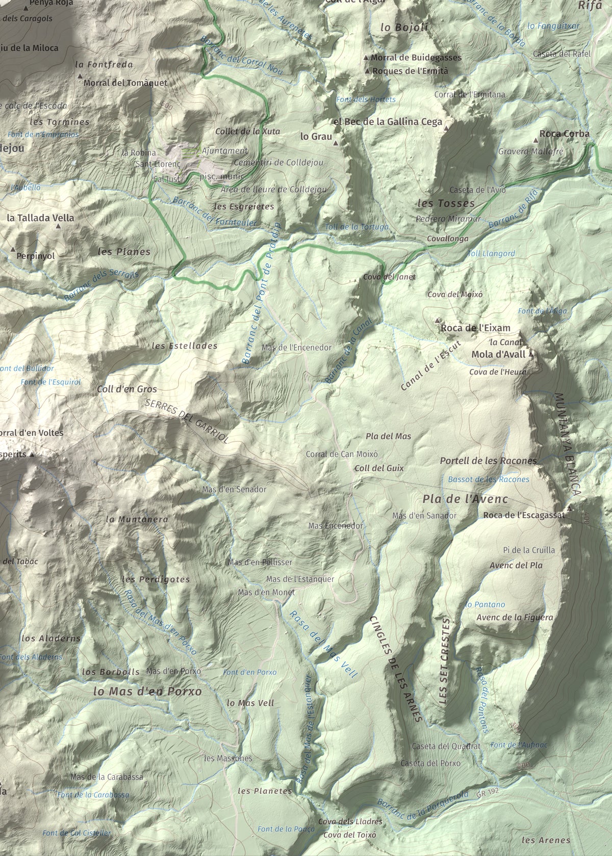 Mapa de relieve de Mola de Colldejou, 922 m, Baix Camp, lámina 100 Cims de Trobart. Detalle de la zona inferior derecha. 50 × 70 cm.