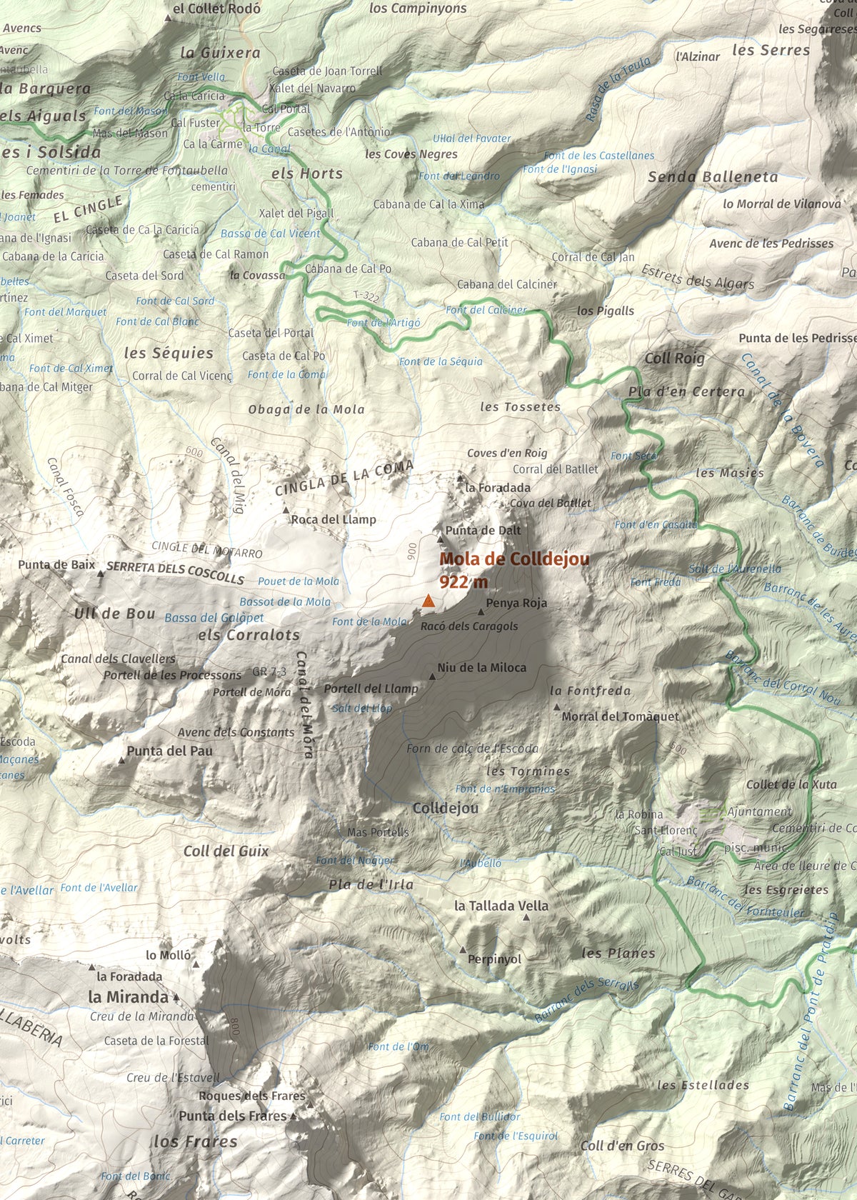 Mapa de relieve de Mola de Colldejou, 922 m, Baix Camp, lámina 100 Cims de Trobart. Detalle de la zona central. 50 × 70 cm.