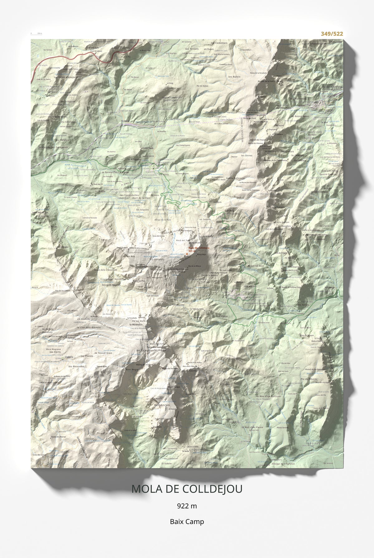 Mapa de relieve de Mola de Colldejou, 922 m, Baix Camp, lámina 100 Cims de Trobart 61 × 91 cm.