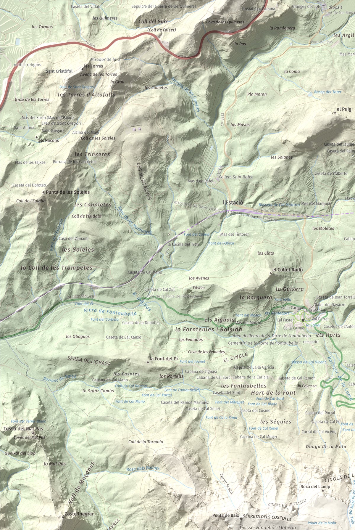 Mapa de relieve de Mola de Colldejou, 922 m, Baix Camp, lámina 100 Cims de Trobart. Detalle de la zona superior izquierda. 61 × 91 cm.
