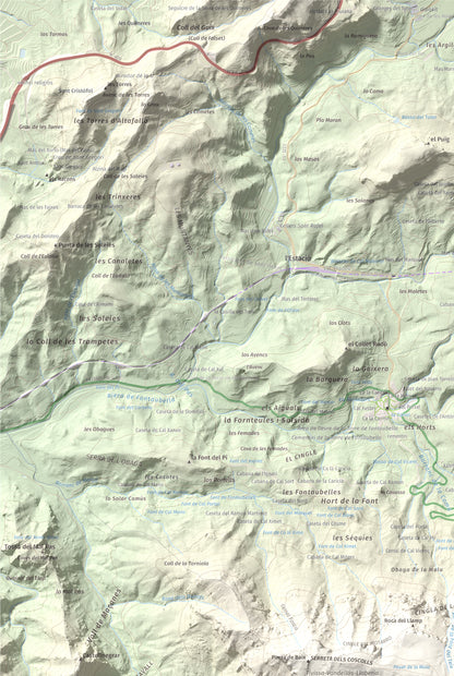 Mapa de relieve de Mola de Colldejou, 922 m, Baix Camp, lámina 100 Cims de Trobart. Detalle de la zona superior izquierda. 61 × 91 cm.