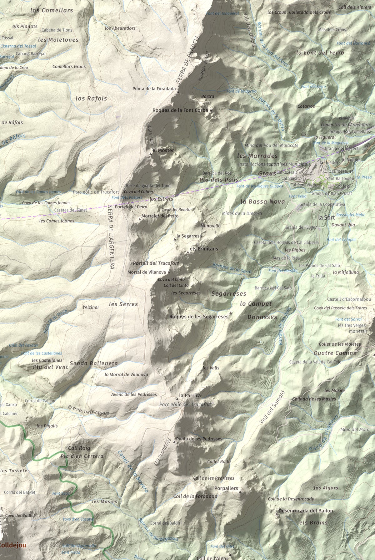 Mapa de relieve de Mola de Colldejou, 922 m, Baix Camp, lámina 100 Cims de Trobart. Detalle de la zona superior derecha. 61 × 91 cm.