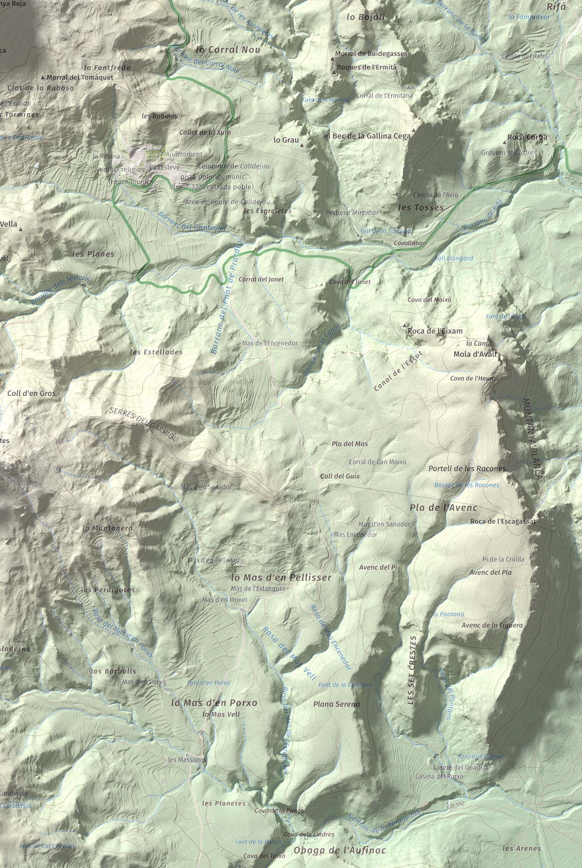 Mapa de relieve de Mola de Colldejou, 922 m, Baix Camp, lámina 100 Cims de Trobart. Detalle de la zona inferior derecha. 61 × 91 cm.
