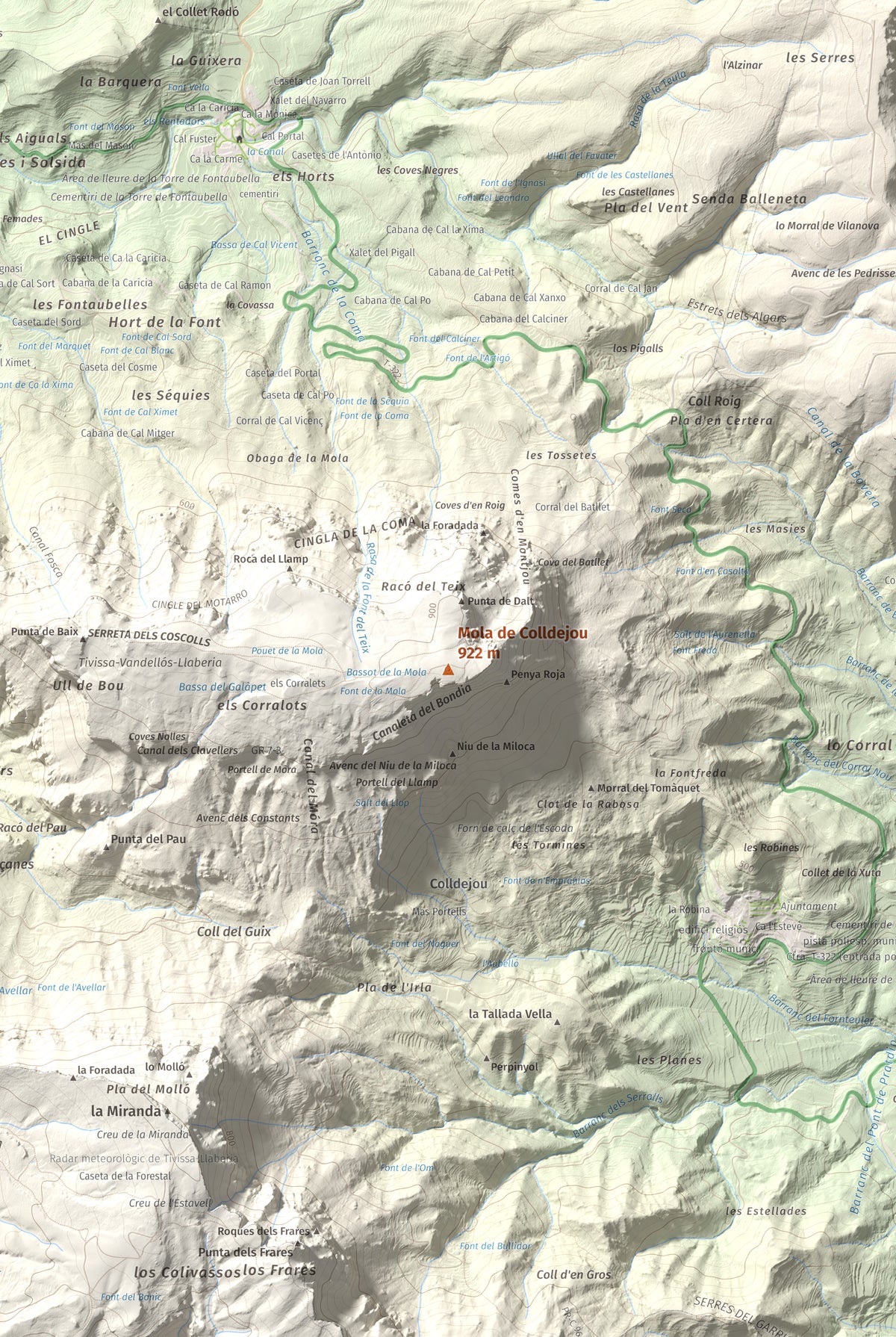 Mapa de relieve de Mola de Colldejou, 922 m, Baix Camp, lámina 100 Cims de Trobart. Detalle de la zona central. 61 × 91 cm.