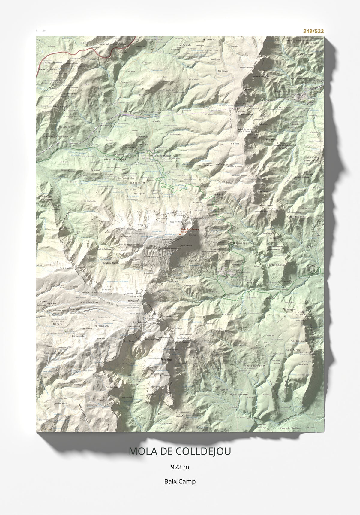 Mapa de relieve de Mola de Colldejou, 922 m, Baix Camp, lámina 100 Cims de Trobart 70 × 100 cm.