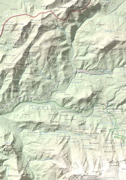 Mapa de relieve de Mola de Colldejou, 922 m, Baix Camp, lámina 100 Cims de Trobart. Detalle de la zona superior izquierda. 70 × 100 cm.
