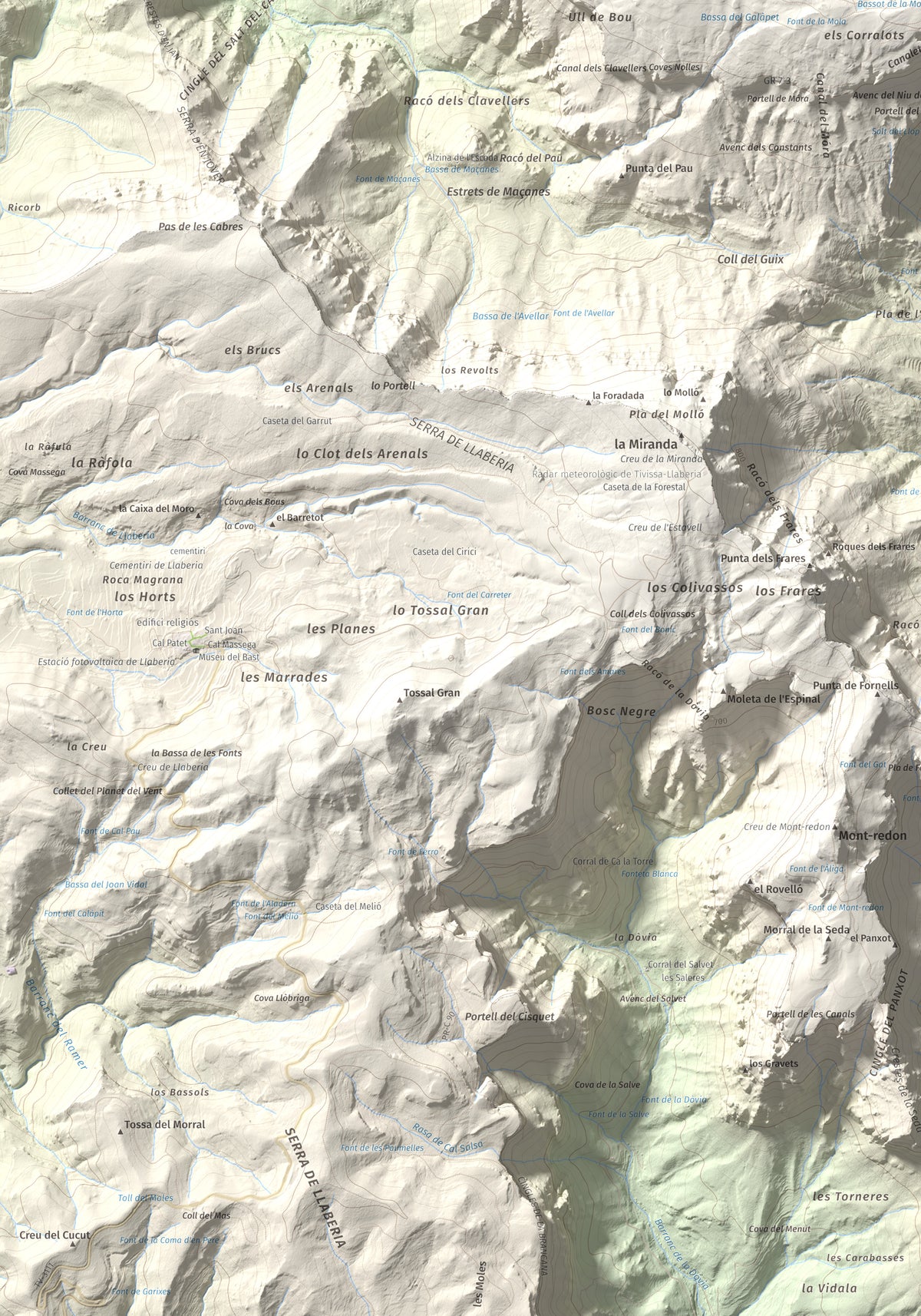 Mapa de relieve de Mola de Colldejou, 922 m, Baix Camp, lámina 100 Cims de Trobart. Detalle de la zona inferior izquierda. 70 × 100 cm.