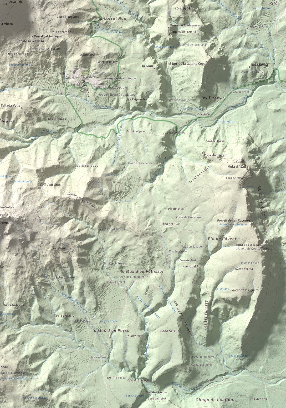 Mapa de relieve de Mola de Colldejou, 922 m, Baix Camp, lámina 100 Cims de Trobart. Detalle de la zona inferior derecha. 70 × 100 cm.