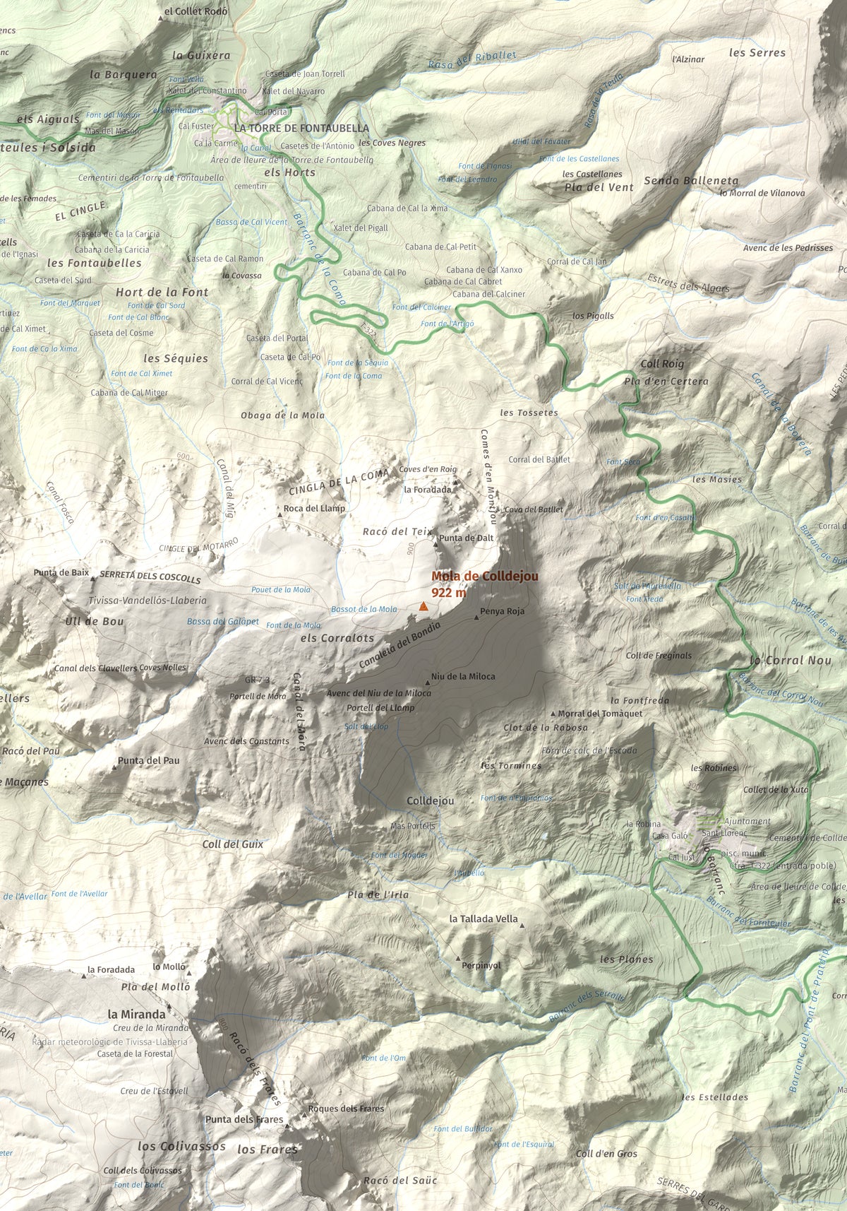 Mapa de relieve de Mola de Colldejou, 922 m, Baix Camp, lámina 100 Cims de Trobart. Detalle de la zona central. 70 × 100 cm.
