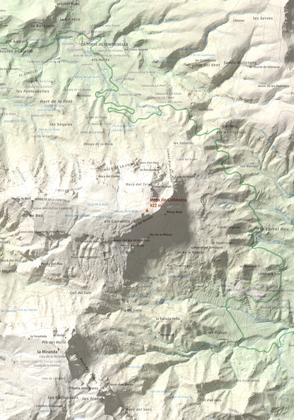 Mapa de relieve de Mola de Colldejou, 922 m, Baix Camp, lámina 100 Cims de Trobart. Detalle de la zona central. 70 × 100 cm.