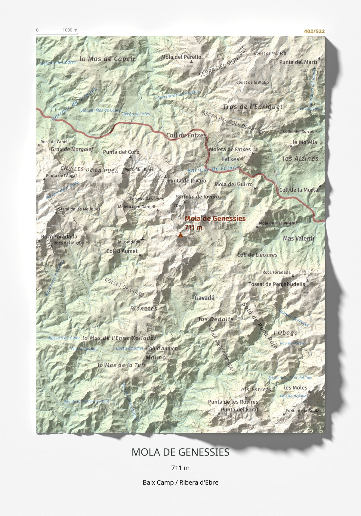 Mapa topogràfic del relleu: Mola de Genessies, 711 m. Làmina completa. 21 × 30 cm.