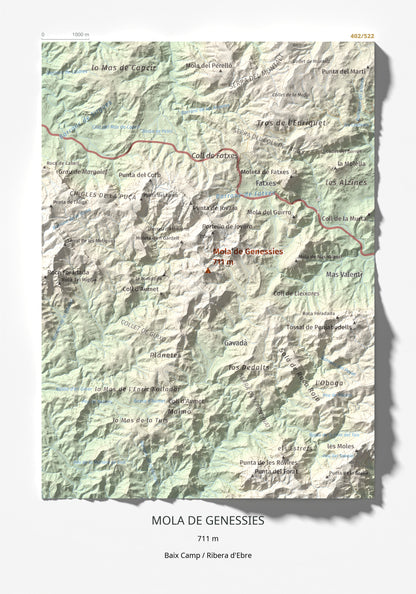 Mapa topogràfic del relleu: Mola de Genessies, 711 m. Làmina completa. 21 × 30 cm.