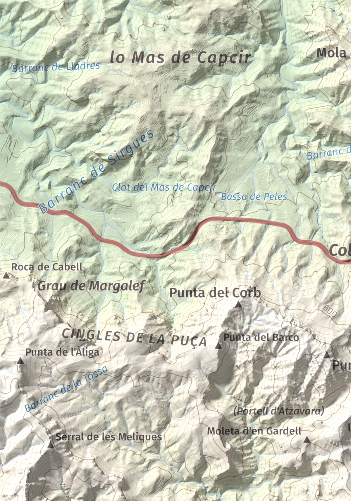 Mapa topogràfic del relleu: Mola de Genessies, 711 m. Detall de la zona superior esquerra. 21 × 30 cm.