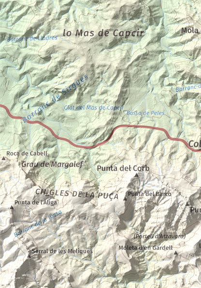 Mapa topogràfic del relleu: Mola de Genessies, 711 m. Detall de la zona superior esquerra. 21 × 30 cm.