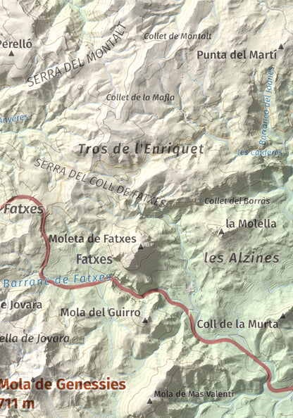 Mapa topogràfic del relleu: Mola de Genessies, 711 m. Detall de la zona superior dreta. 21 × 30 cm.