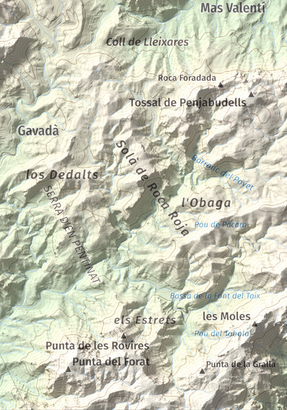 Mapa topogràfic del relleu: Mola de Genessies, 711 m. Detall de la zona inferior dreta. 21 × 30 cm.
